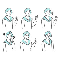 セーラー服を着た女子高生の表情やポーズのバリエーションのセットの白バックの線画