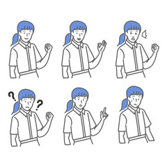 夏の制服を着た男子校生の表情やポーズのバリエーションのセットの白バックの線画