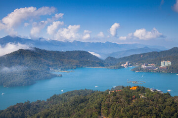 Asia culture - Beautiful landscape of lake level reflect fantasy dramatic sunrise sky in Sun Moon Lake , in Taiwan, Asia. the famous travel attractions in Nantou ,Taiwan. Scenery of Sun Moon Lake,