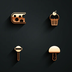 Set Cheese, Muffin, Lollipop and Mushroom icon with long shadow. Vector