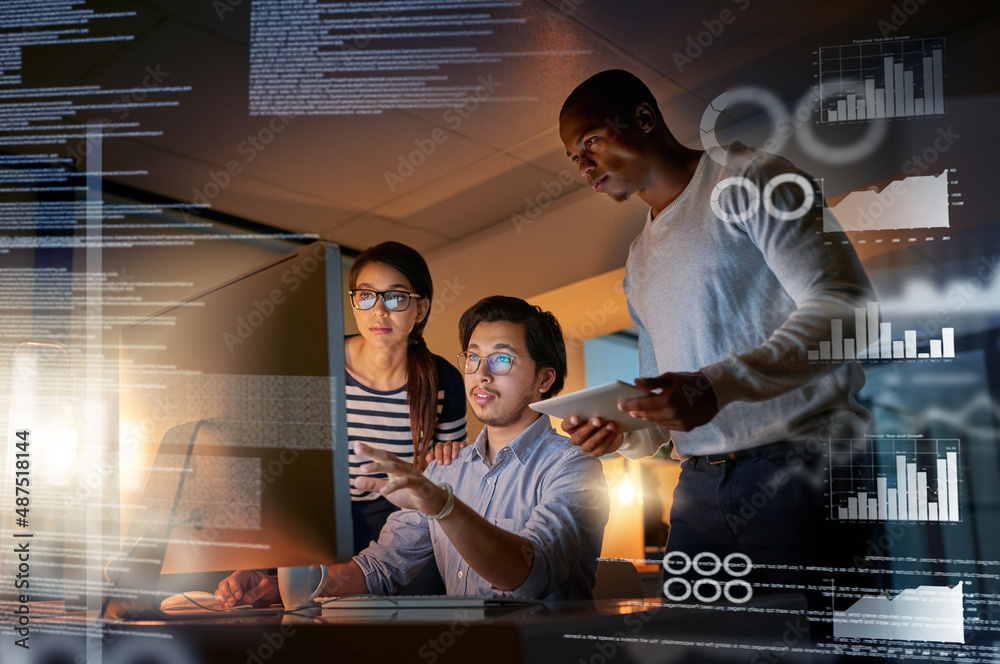 Poster Cracking codes no matter the time. Shot of computer programmers looking through data in the office.