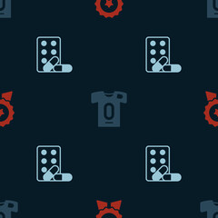 Set Medal with star, Football jersey and t-shirt and Sports doping dumbbell on seamless pattern. Vector