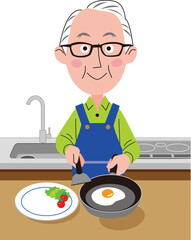 シニア男性が料理（目玉焼き）を作っています。