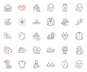 Beauty icons set. Included icon as Pants, Bathrobe and Shirt web elements. T-shirt, Clean skin, Lingerie icons. Shoes, 24 hours, Sleep web signs. Health skin, Vitamin e, Uv protection. Vector