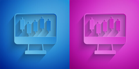 Paper cut Computer with stocks market growth graphs and money icon isolated on blue and purple background. Monitor with stock charts arrow on screen. Paper art style. Vector