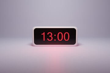 3d alarm clock displaying current time with hour and minute 13.00 13 am pm mid day - Digital clock with red numbers - Time to wake up, attend meeting or appointment