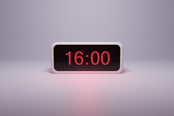 3d alarm clock displaying current time with hour and minute 16.00 16 am pm mid day - Digital clock with red numbers - Time to wake up, attend meeting or appointment