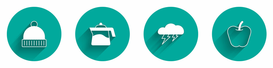 Set Winter hat, Teapot, Cloud and lightning and Apple icon with long shadow. Vector