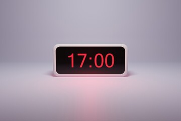 3d alarm clock displaying current time with hour and minute 17.00 17 am pm mid day - Digital clock with red numbers - Time to wake up, attend meeting or appointment