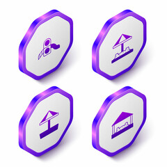 Set Isometric Slide playground, Sandbox with sand, and icon. Purple hexagon button. Vector