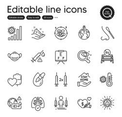 Set of Medical outline icons. Contains icons as Social care, Coronavirus and Thermometer elements. Vision board, Stay home, Eu close borders web signs. Lungs, Coronavirus statistics. Vector