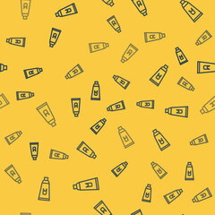 Blue line Tube of toothpaste icon isolated seamless pattern on yellow background. Vector Illustration