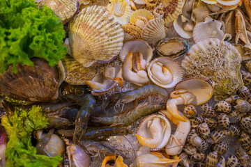 Variety of fresh seafood on ice. Fresh salmon, sea bass, red snapper, mackerel, crab, lobster, shrimp, black mussels, oyster, scallop and octopus on ice