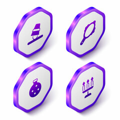 Set Isometric Game thimbles, Magic hand mirror, Bottle with potion and Candlestick icon. Purple hexagon button. Vector