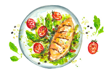 Watercolor grilled chicken breast with fresh salad. Watercolor plate of food.