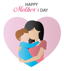 Happy Mother's Day. Mother and son embracing inside a heart