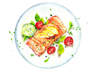 Watercolor salmon grilled with salad and avocado sauce. Plate of food.