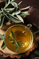 Cup of aromatic sage tea and fresh leaves on wooden stump, above view