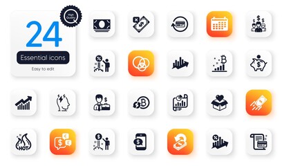 Set of Finance flat icons. Piggy bank, Demand curve and Calendar elements for web application. Businessman case, Refresh bitcoin, Loan percent icons. Cashback, Discount, Cash money elements. Vector