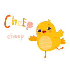Cute little yellow chick is dancing or jumping and smiling. Funny Easter symbol or template for a greeting card or holiday poster with Cheep cheep lettering.