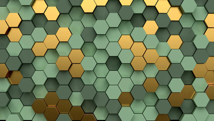 Background with gold and pastel green hexagons. 3d render illustration