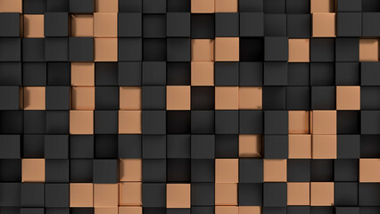 Abstract background with black and copper cubes. 3d render illustration