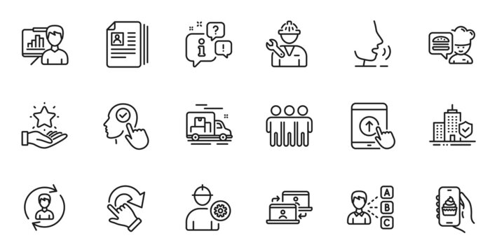 Outline set of Repairman, Presentation board and Chef line icons for web application. Talk, information, delivery truck outline icon. Include Select user, Cv documents, Opinion icons. Vector