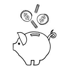 Piggy bank with coins inside isolated on a white background. Dollar money falls into a piggy bank. Doodle vector illustration.