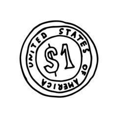 Dollar coin isolated on a white background. Gold money. Doodle vector illustration.