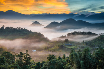Asia culture - Beautiful landscape of lake level reflect fantasy dramatic sunrise sky in Sun Moon Lake , in Taiwan, Asia. the famous travel attractions in Nantou ,Taiwan. Scenery of Sun Moon Lake,