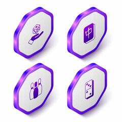 Set Isometric Game dice, Mahjong pieces, Bowling pin and Domino icon. Purple hexagon button. Vector
