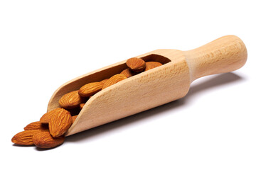 Wooden Scoop full of Almond nuts isolated on a white background