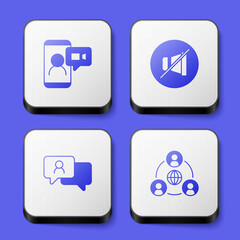 Set Video chat conference, Mute microphone, Speech bubble and Meeting icon. White square button. Vector