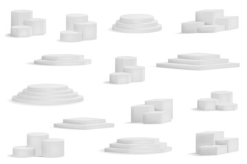 Realistic winner podium. 3D round and square stages. Stepped exhibition or award ceremony platforms set. Showroom pedestals, floor stage platform vector isolated mockup