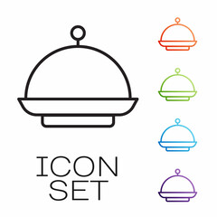Black line Christmas covered with a tray of food icon isolated on white background. Tray and lid sign. Merry Christmas and Happy New Year. Set icons colorful. Vector