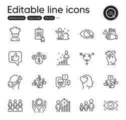 Set of People outline icons. Contains icons as Like, Equity and Friend elements. Teamwork, Genders, Business hierarchy web signs. Cooking chef, Buying currency, Medical mask elements. Vector