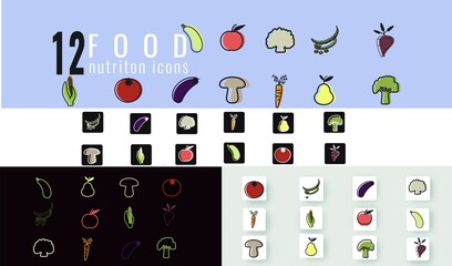 Icons in the style line art of proper nutrition, on 4 backgrounds