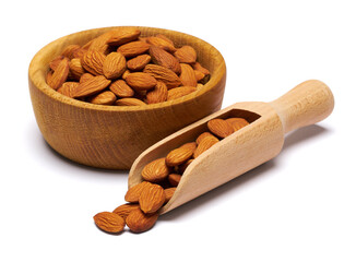 Wooden Scoop and bowl full of Almond nuts isolated on a white background
