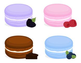 Colorful macaroons flavors. Macaroon cookies isolated on white background. Sweet and tasty vector template for cooking and restaurant menu.