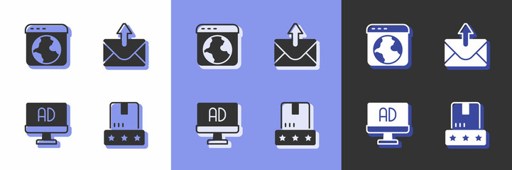 Set Consumer product rating, Worldwide, Advertising and Mail and e-mail icon. Vector