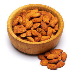 Wooden bowl full of Almond nuts isolated on a white background