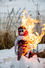 burning Maslenitsa doll on snow in the dried grass