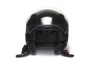 Frontal black jet motorcycle helmet white background
