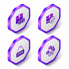 Set Isometric Item price tag with dollar, Return cardboard box, Hanging sign text Open and Tax payment icon. Purple hexagon button. Vector