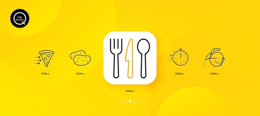Food delivery, Potato and Food minimal line icons. Yellow abstract background. Cooking timer, Coffee pot icons. For web, application, printing. Piece of pizza, Fresh vegetable, Cutlery. Vector