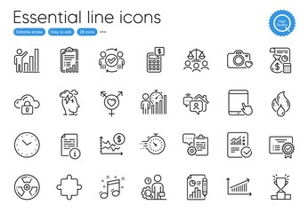 Certificate, Approved teamwork and Clipboard line icons. Collection of Checklist, Genders, Inspect icons. Winner podium, Musical note, Time web elements. Calculator, Checked calculation. Vector