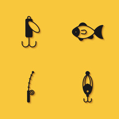 Set Fishing lure, rod and icon with long shadow. Vector