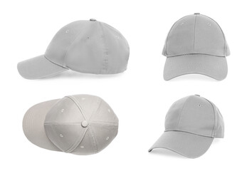 Set with stylish light grey baseball caps on white background