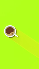 a white cup of coffee on yellow background. long shadow from cup. invigorating drink. Vertical image. 3D image. 3D rendering.