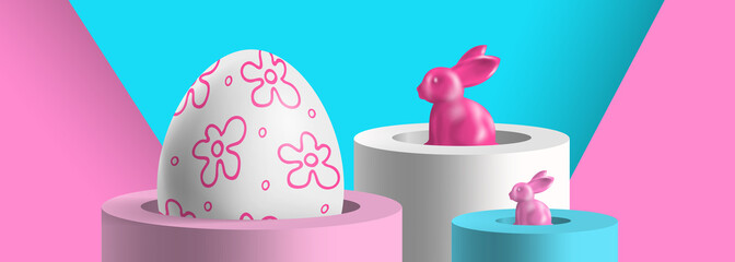 happy easter  sale podiums  3d bunny figures egg  creative web banner vector illustration
